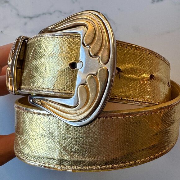 Vintage Emmanuel Genuine Reptile Metallic Gold Belt with Western Buckle - Picture 2 of 16
